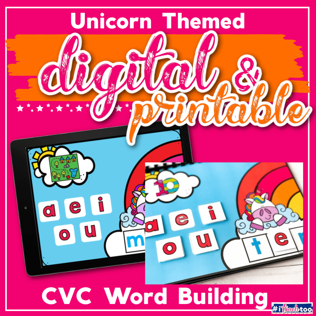 Rainbow unicorn CVC word building with digital and printable
