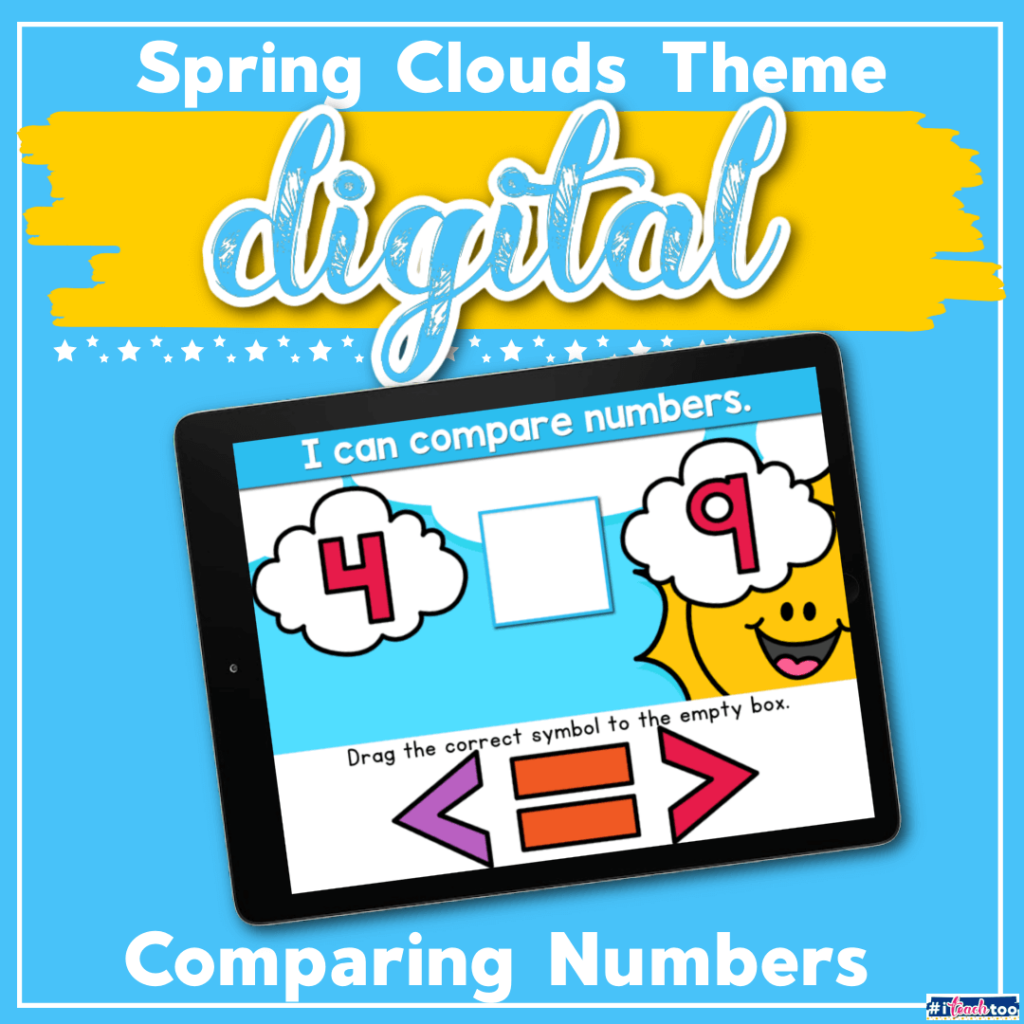 Spring clouds themed comparing numbers digital math activity