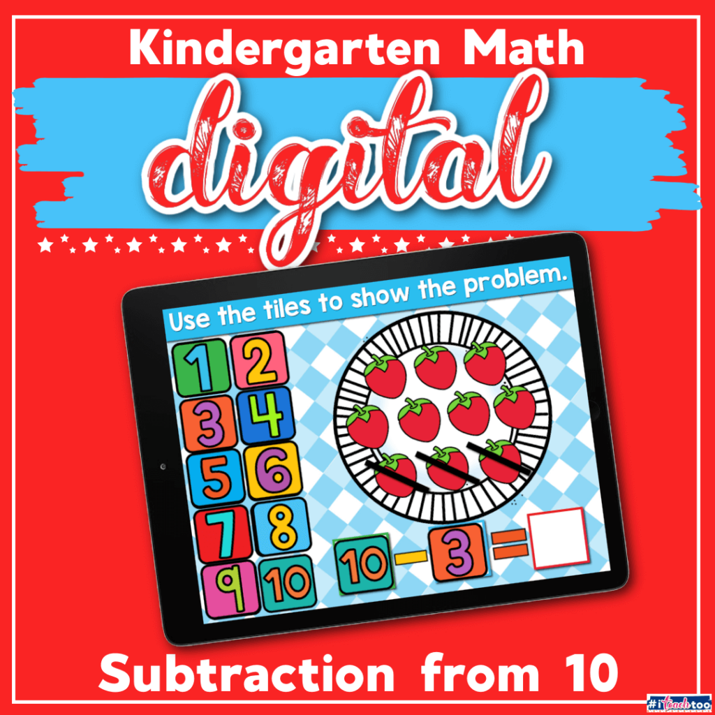 Subtraction from 10 kindergarten math with strawberry spring theme