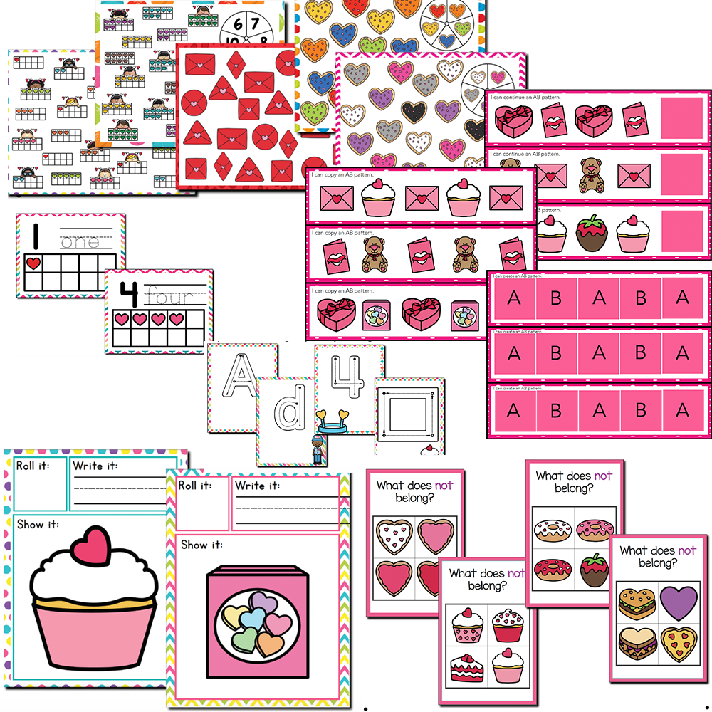 Math and literacy activities for preschool with Valentine's Day theme
