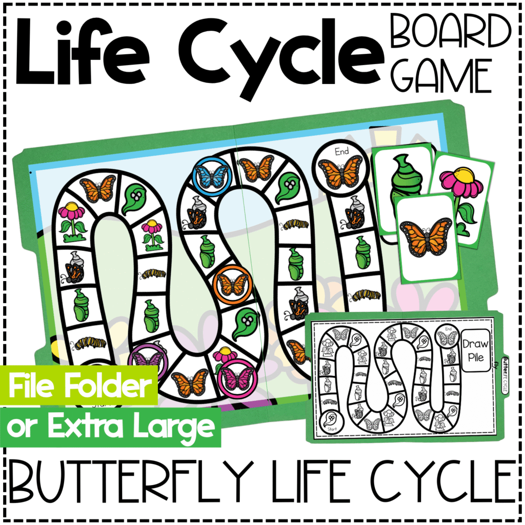 Butterfly life cycle board game showing 3 printable board game styles including single page, file folder, and floor size formats for preschool and kindergarten science centers and hands-on life cycle activities
