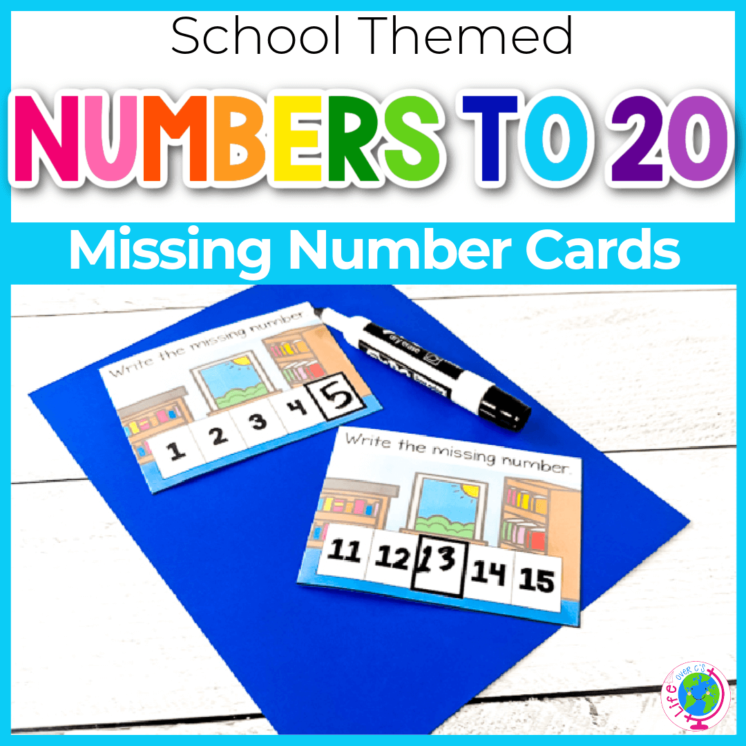 Missing number task cards school themed
