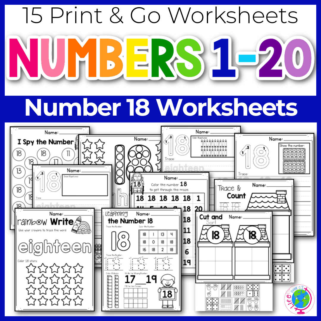 Numbers 1-20 Worksheets: Number 18
