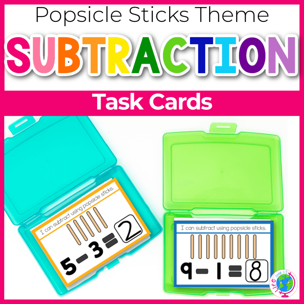 Subtraction task cards using popsicle sticks