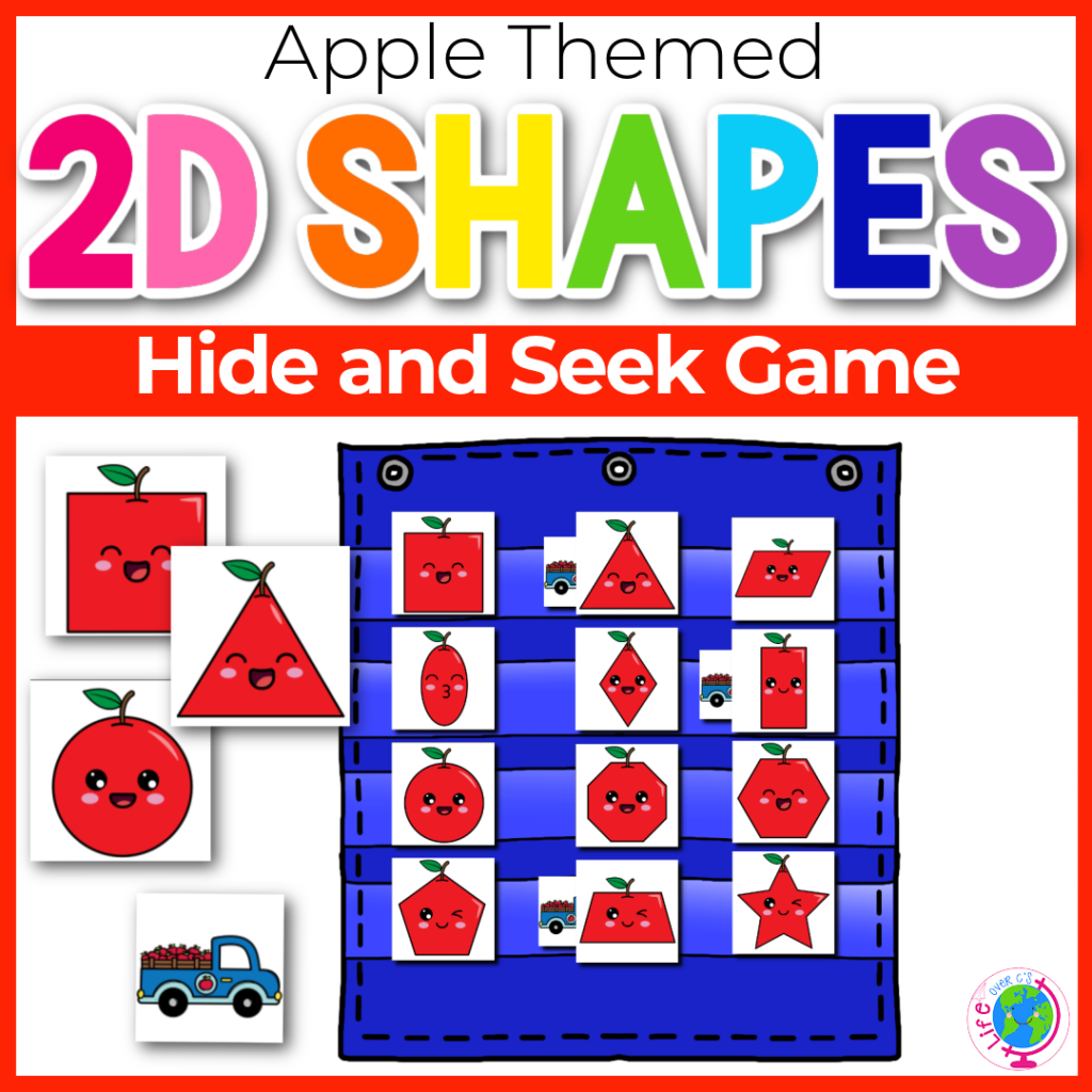 2D shape hide and seek pocket chart game with apple themed 2d shape cards and little blue truck cards hidden in the pockets.