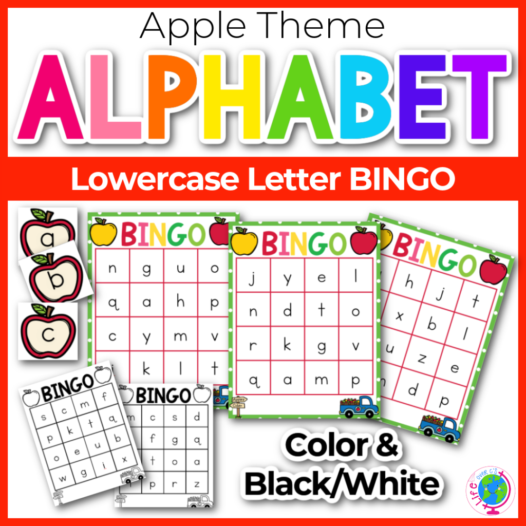 Apple theme Lowercase alphabet BINGO in color and black & white