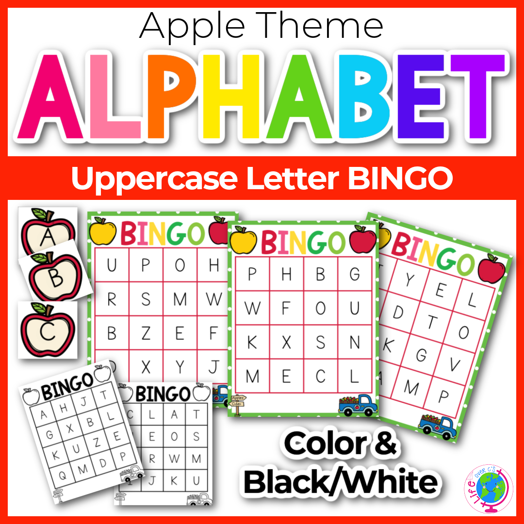 Apple theme uppercase letter BINGO games for preschool and kindergarten