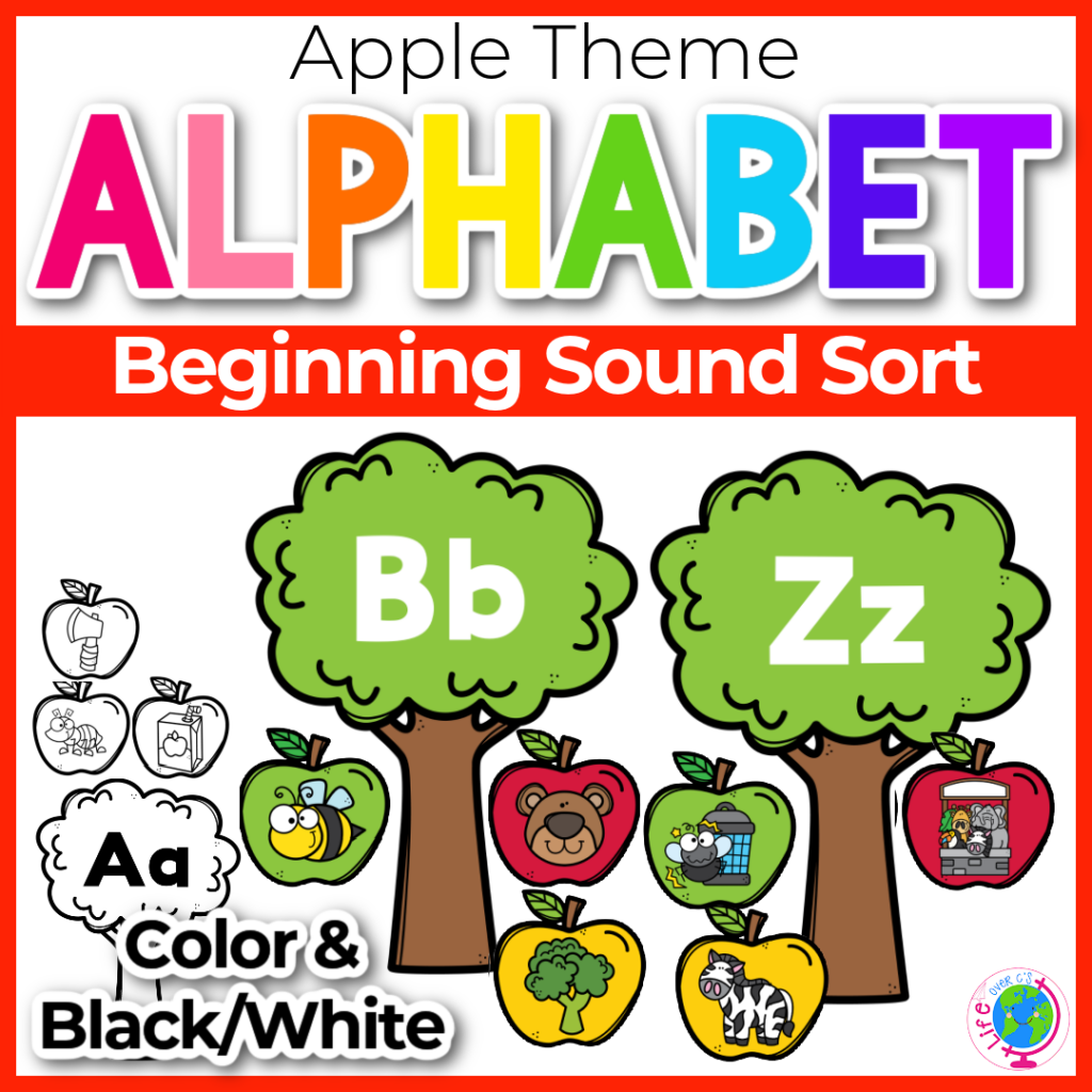 Apple theme alphabet beginning sounds sort for kindergarten literacy centers