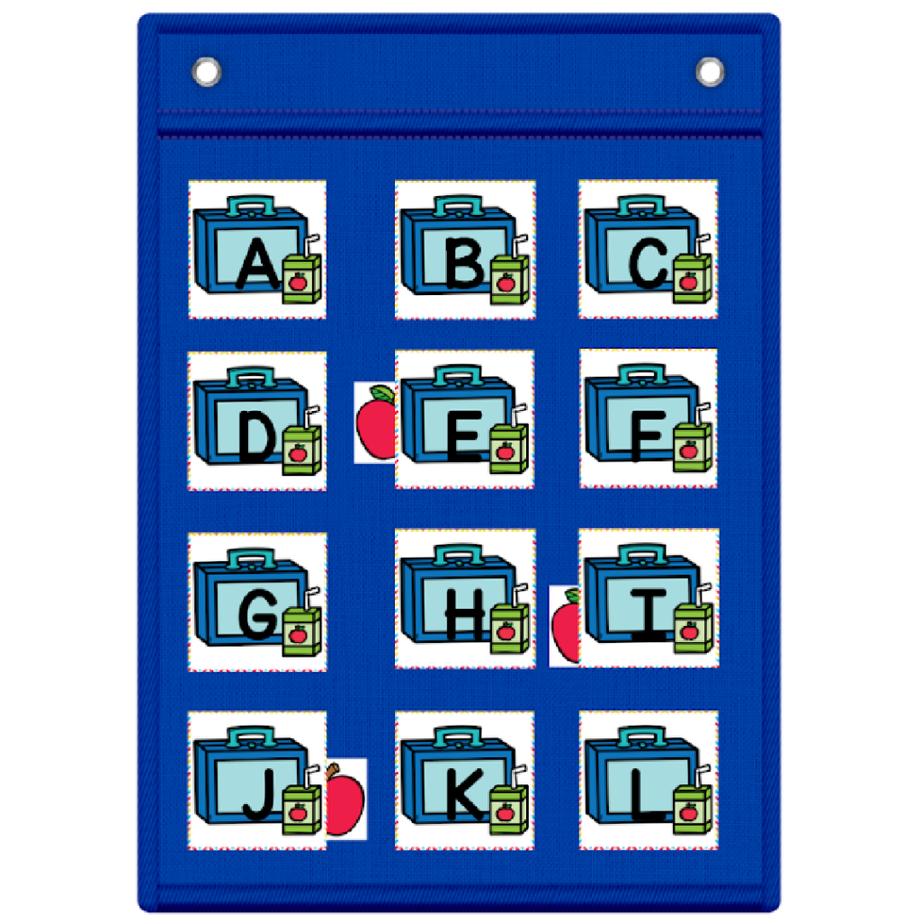 Alphabet hide and seek game with lunchbox alphabet cards on a pocket chart