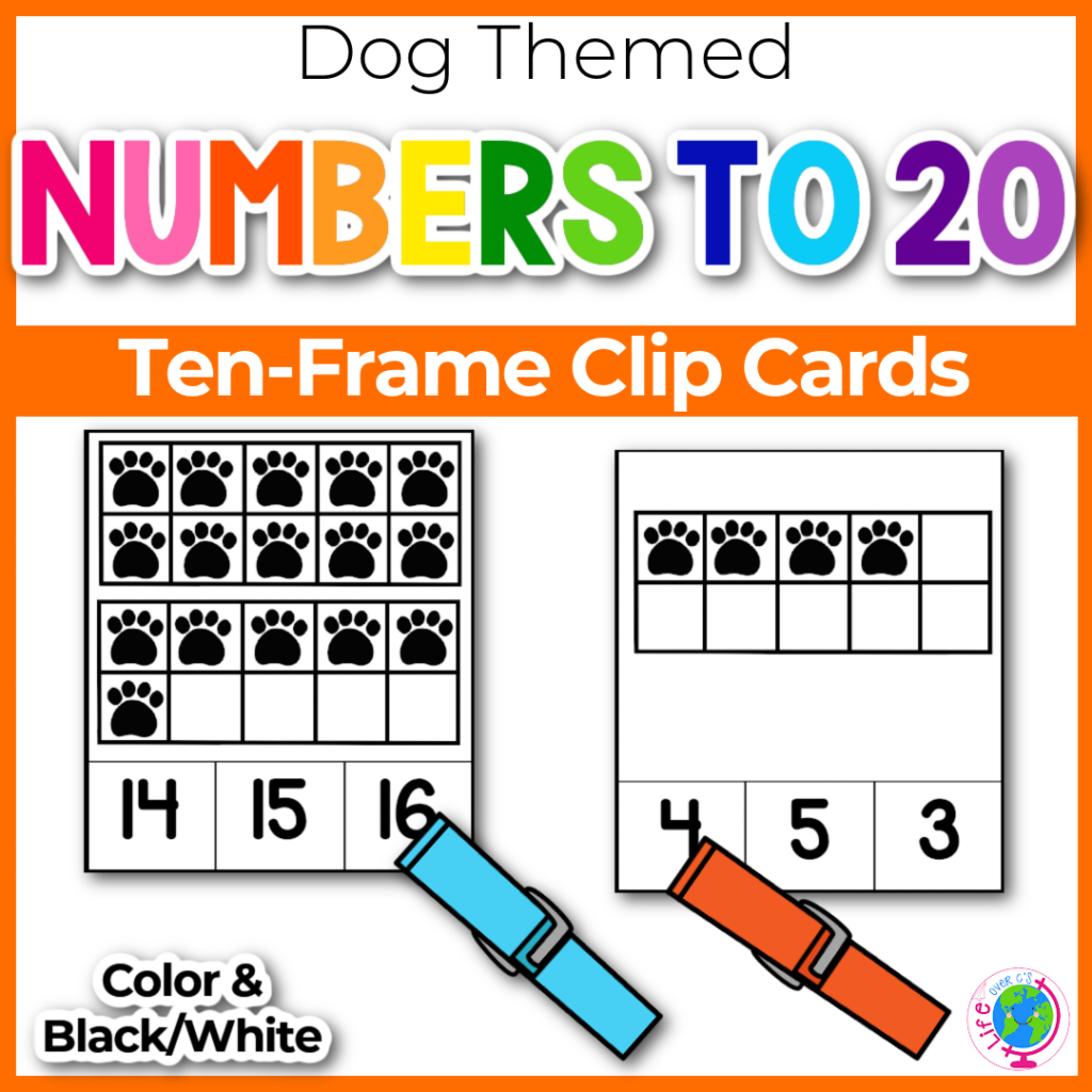 Dog theme ten-frame clip cards for kindergarten math centers