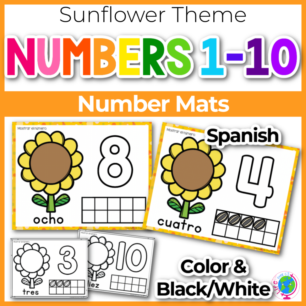 Sunflower theme play dough number counting mats with ten-frames. Spanish version