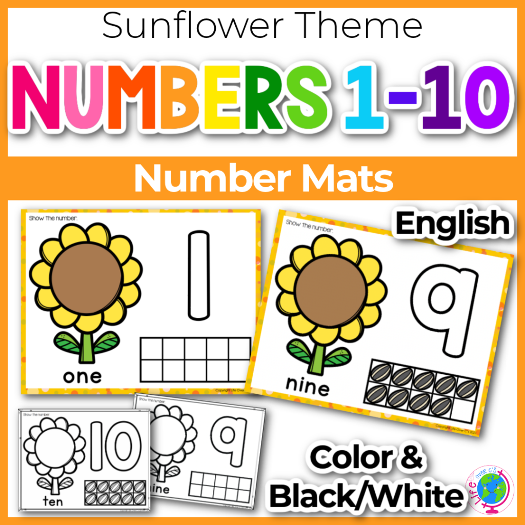 Sunflower theme play dough number counting mats with ten-frames.