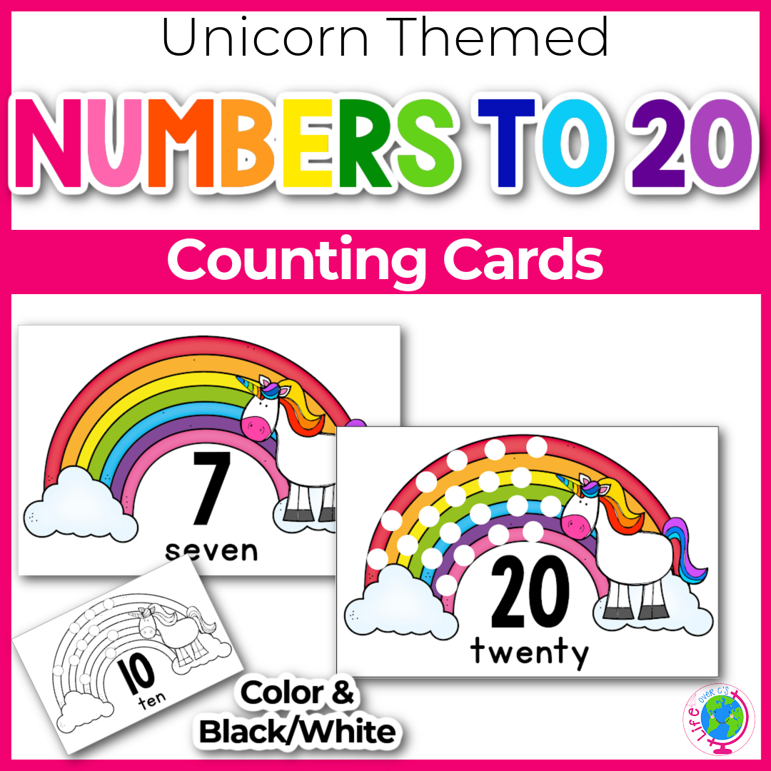 Unicorn Counting Cards for numbers 1-20 in color and black & white