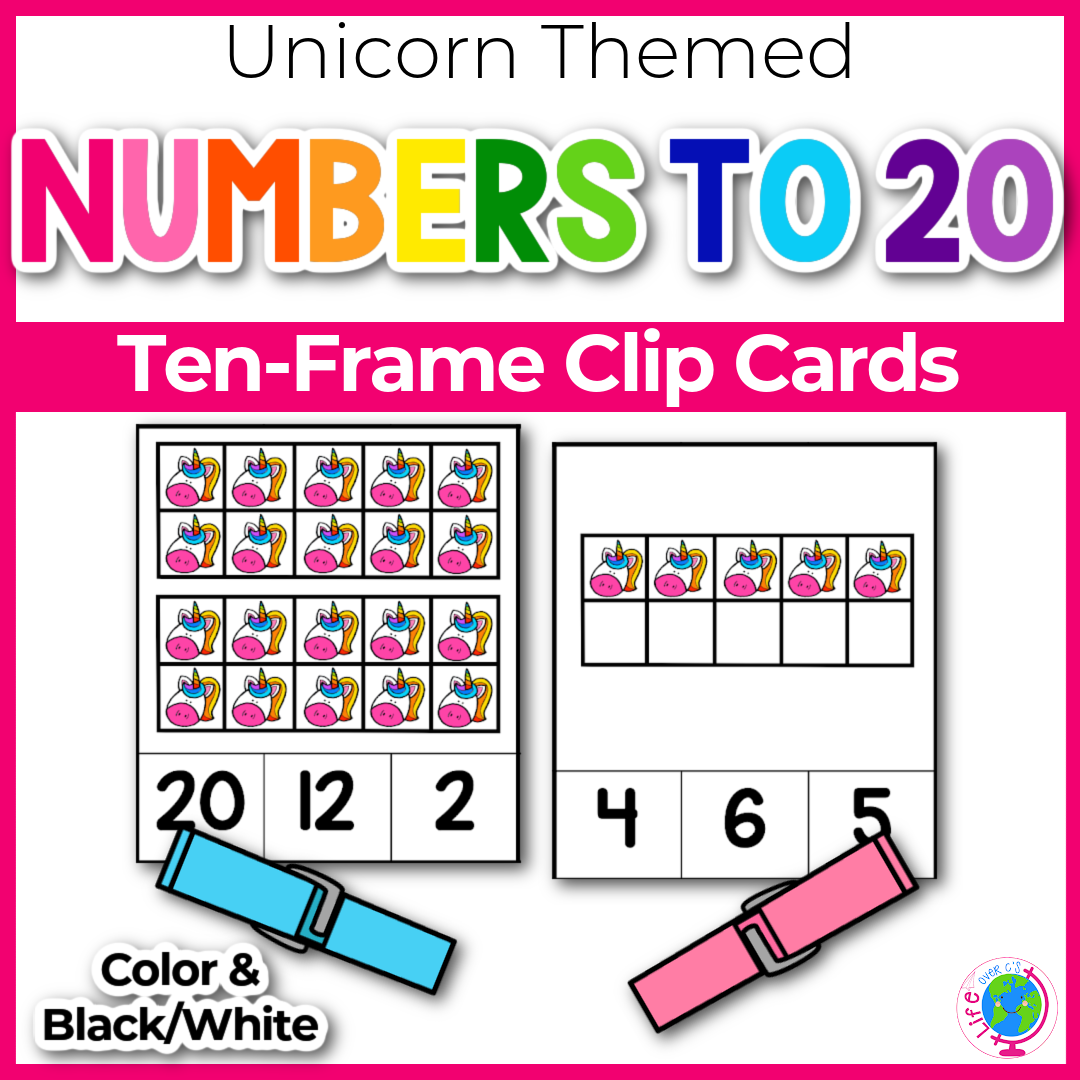 Unicorn ten-frame clip cards for counting to 10 and 20