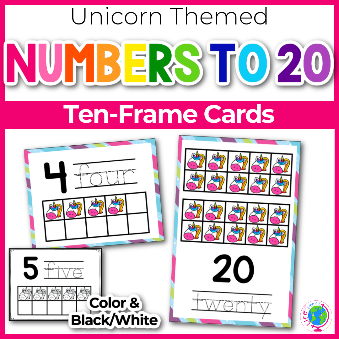 Dry eraser ten-frame counting cards with a fun unicorn theme