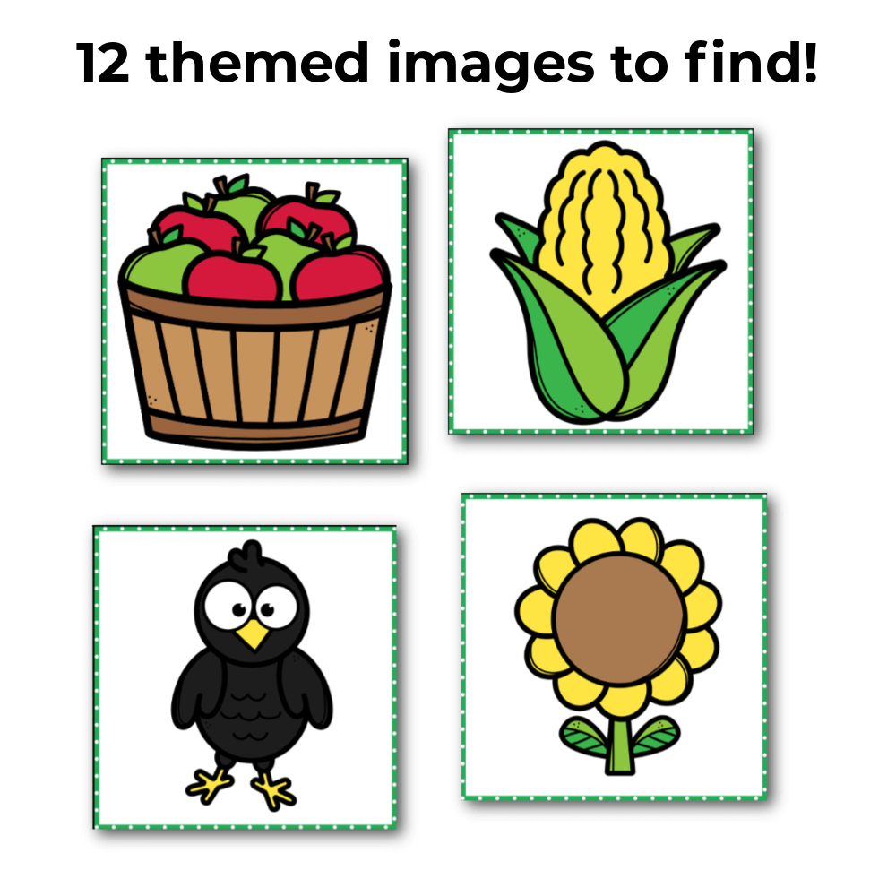 4 images from Fall I Spy Flip Board game: basket of red and green apples, corn, crow, sunflower