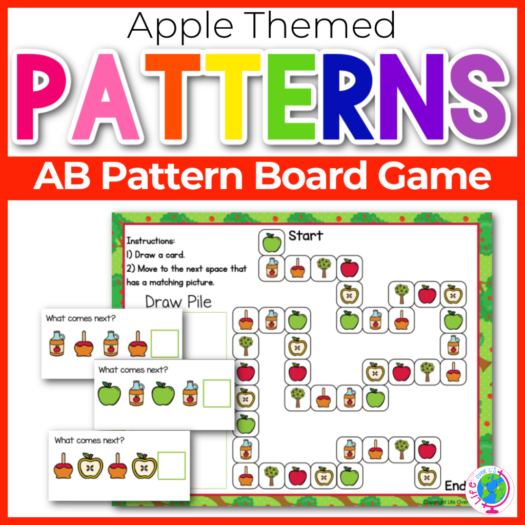 Apple theme pattern board games for kindergarten. AB pattern cards and a game board