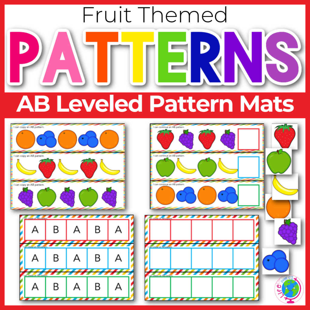 Fruit theme pattern mats for AB patterns. I Can Copy a Pattern, I Can Continue a pattern, I can create a pattern.