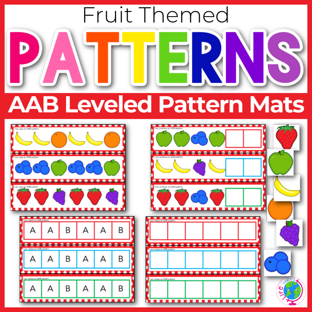 Fruit theme pattern mats for AAB patterns. I Can Copy a Pattern, I Can Continue a pattern, I can create a pattern.