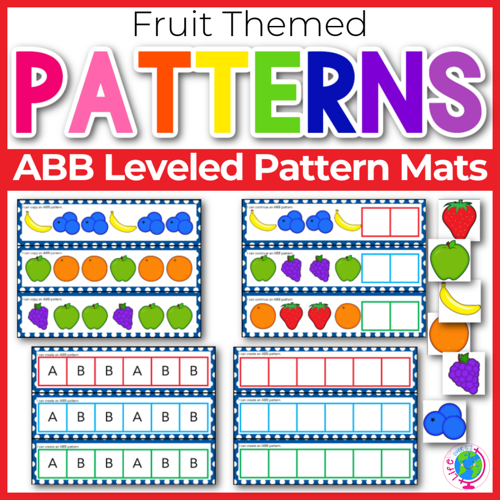Fruit theme pattern mats for ABB patterns. I Can Copy a Pattern, I Can Continue a pattern, I can create a pattern.