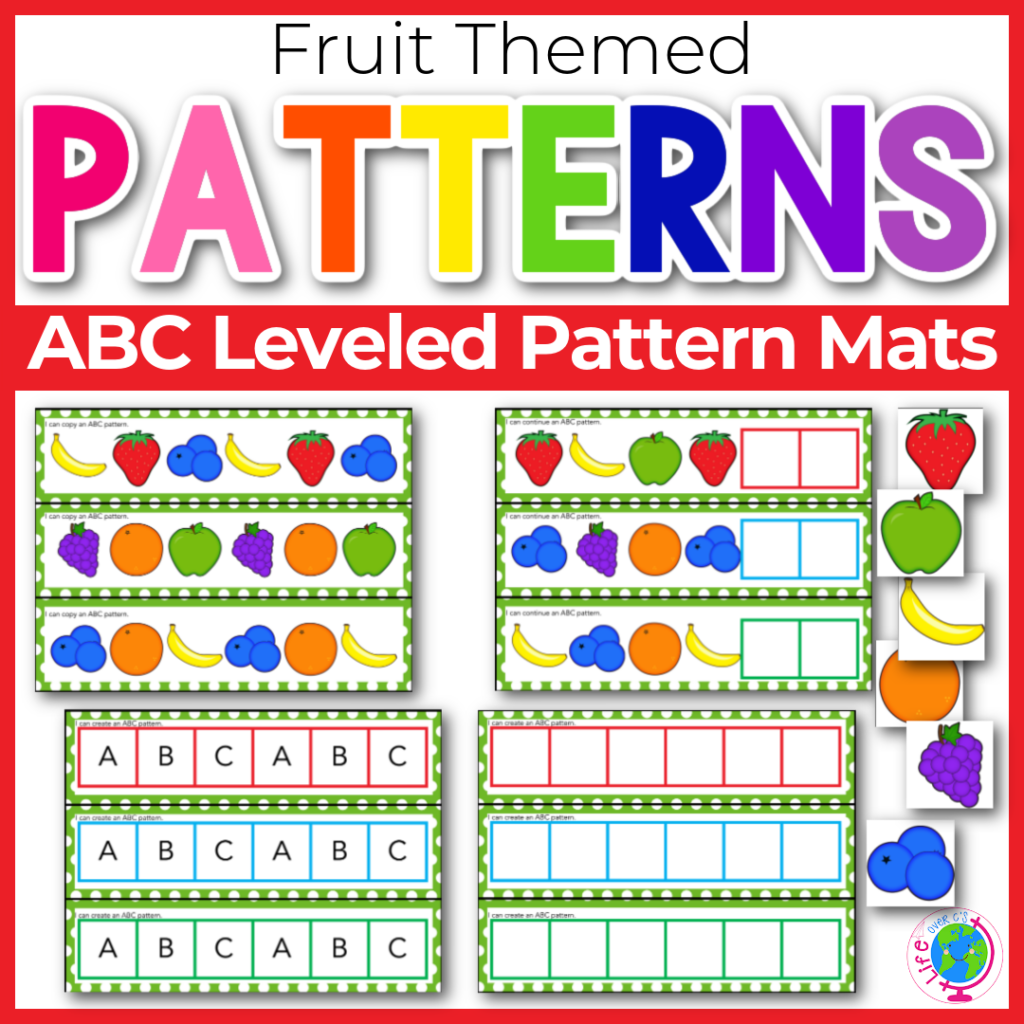 Fruit theme pattern mats for ABC patterns. I Can Copy a Pattern, I Can Continue a pattern, I can create a pattern.