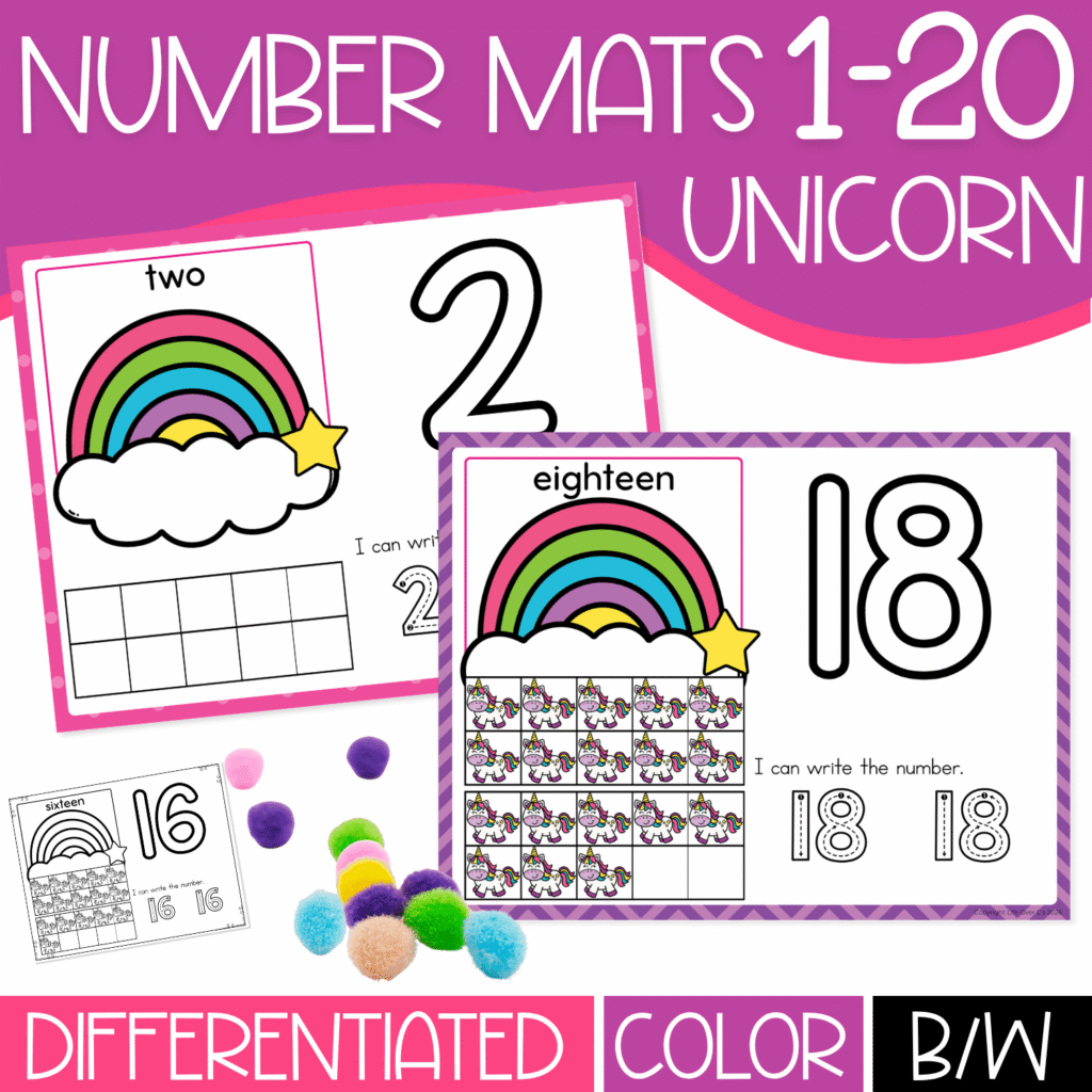 Unicorn number mats 1-20 for preschool and kindergarten with differentiated counting mats, number recognition, number tracing, ten frames, color pages, and black-and-white pages.
