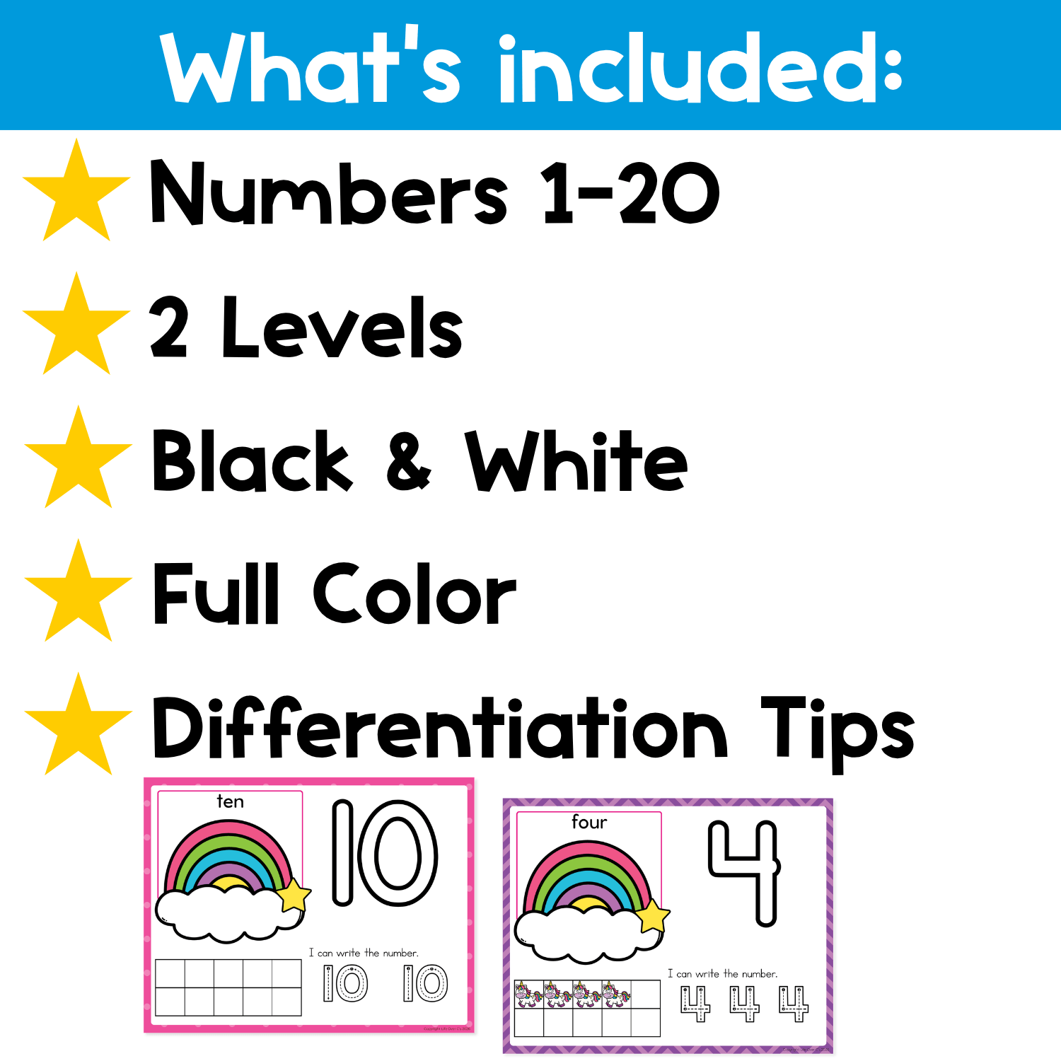 What’s included in the unicorn number mats 1-20 set with two differentiated levels, full color and black-and-white mats, and number practice for preschool math centers.