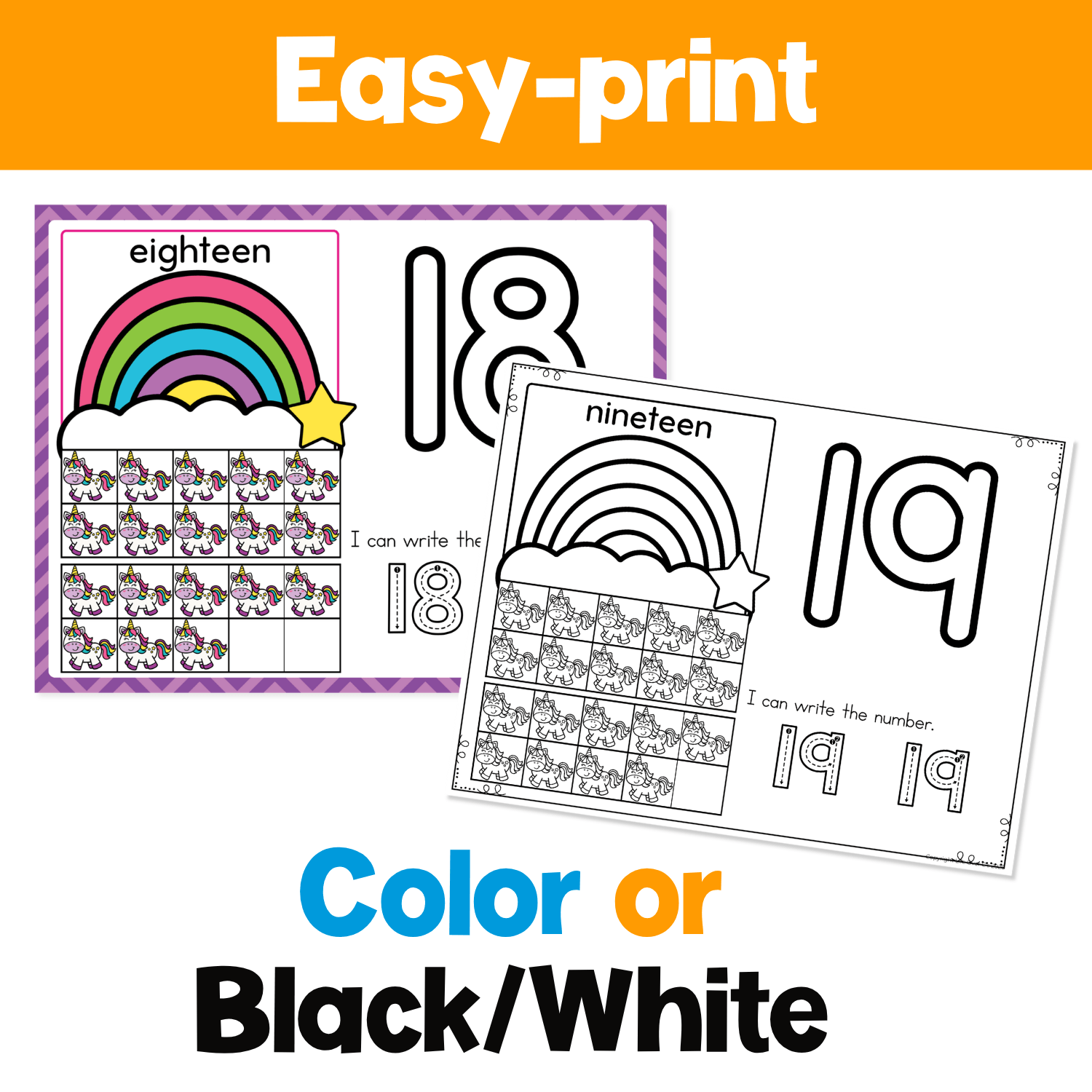 Easy-print unicorn number mats in color and black-and-white for practicing numbers 1-20, counting, ten frames, number recognition, and early handwriting skills.