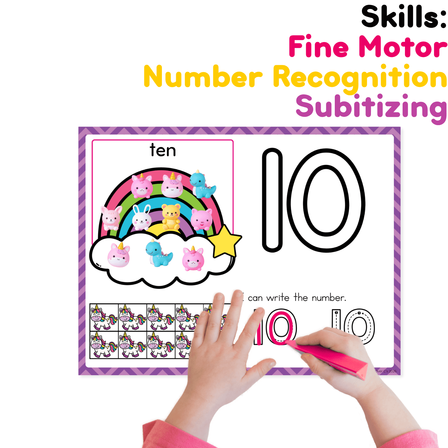 Hands-on unicorn number mat for number 10 with mini erasers, number tracing, counting practice, subitizing, and fine motor skills for preschool and kindergarten.