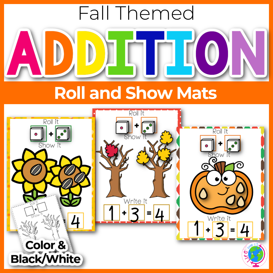 Addition roll and show dice game for fall with sunflower seeds, leaves, and pumpkin seeds.