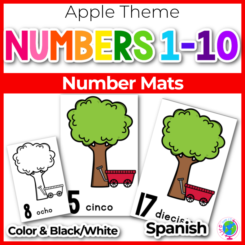 Apple number counting cards for numbers 1-20 showing apple tree and red wagon with numeral and number words at the bottom in Spanish