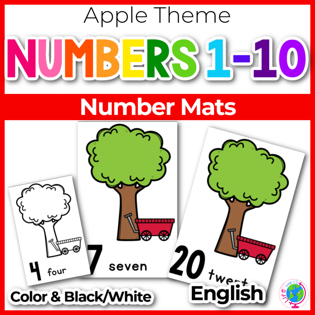 Apple number counting cards for numbers 1-20 showing apple tree and red wagon with numeral and number words at the bottom