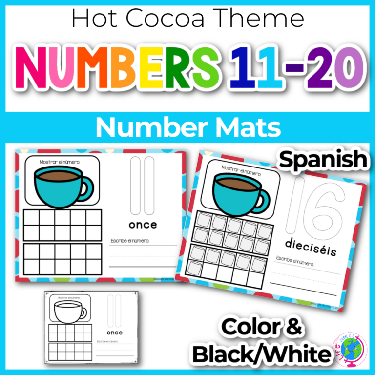 Hot cocoa number counting mats with marshmallow ten frames for numbers 11-20 in Spanish