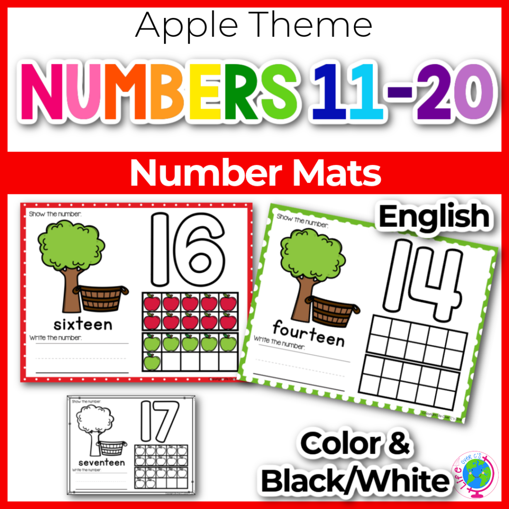 Apple theme ten frame number counting mats for numbers 11-20