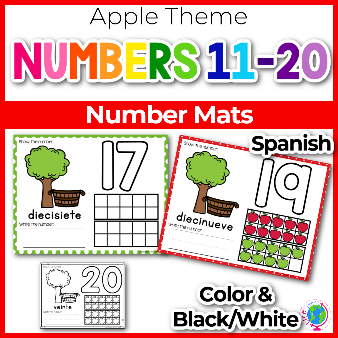 Number Counting Mats 11-20: Apple Theme Spanish