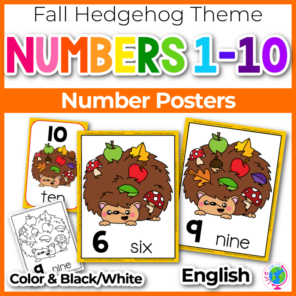 Fall hedgehog counting posters for numbers 1-10