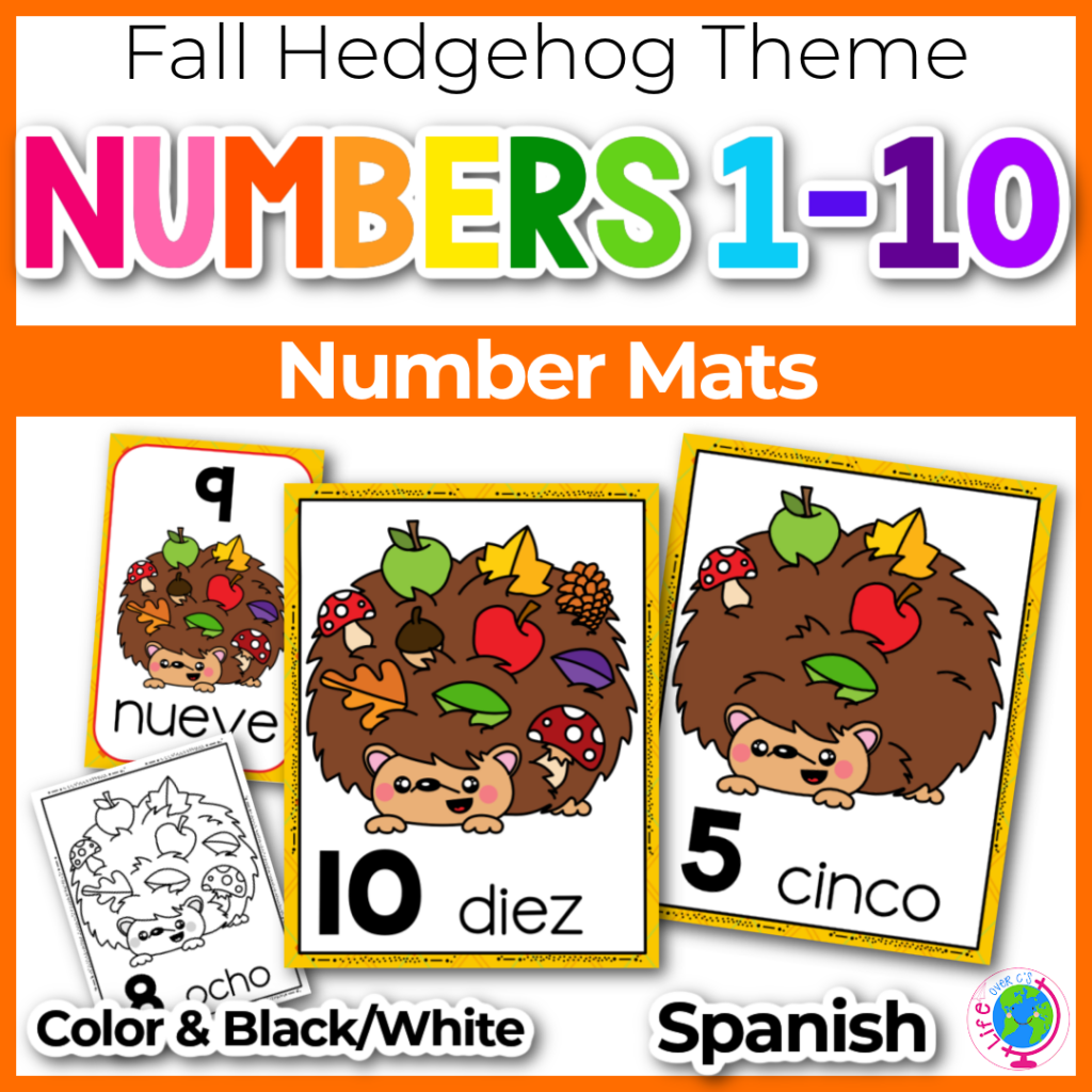 Fall hedgehog counting posters for numbers 1-10 in Spanish