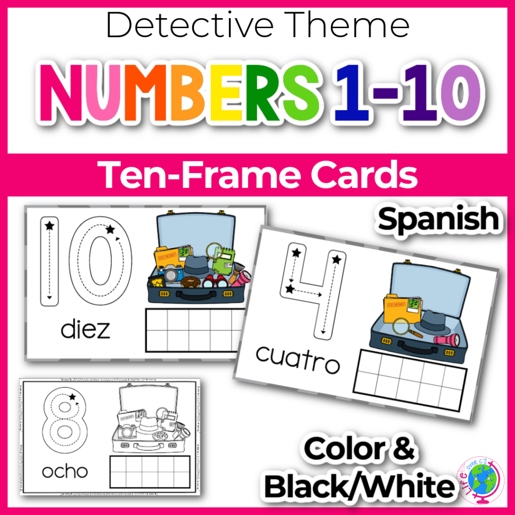 ten-frame counting cards for numbers 1-10 with tracing numbers and number pictures with a fun detective theme in Spanish