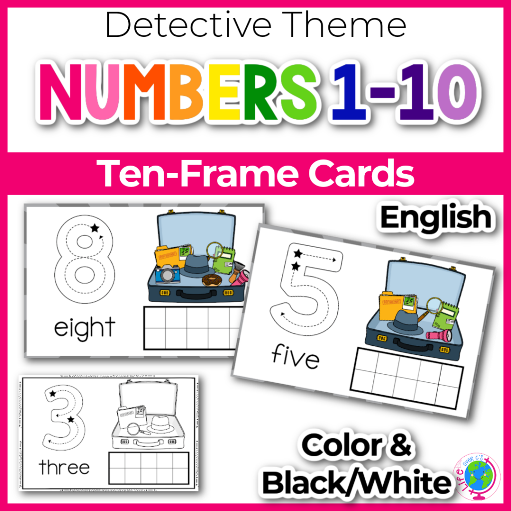 ten-frame counting cards for numbers 1-10 with tracing numbers and number pictures with a fun detective theme