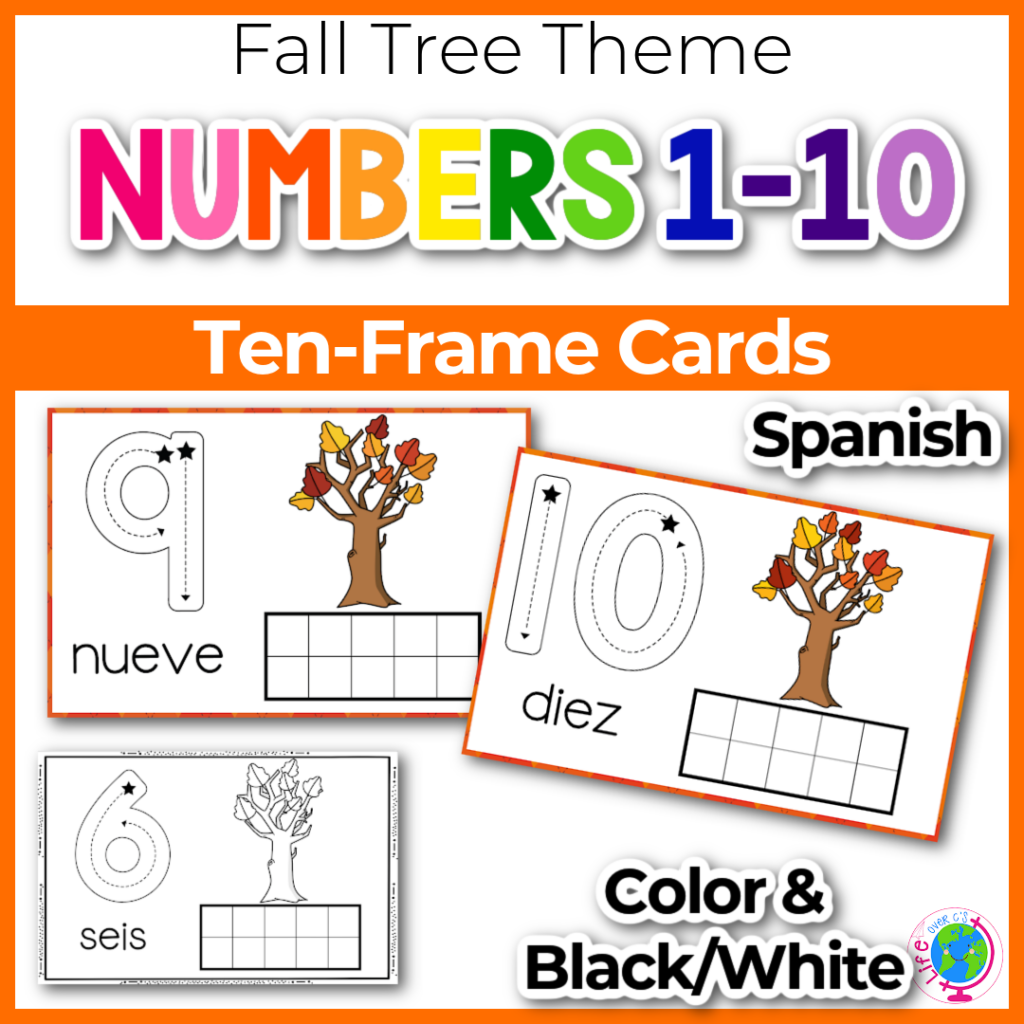 ten-frame counting cards for numbers 1-10 with tracing numbers and number pictures with a fun fall trees theme in Spanish