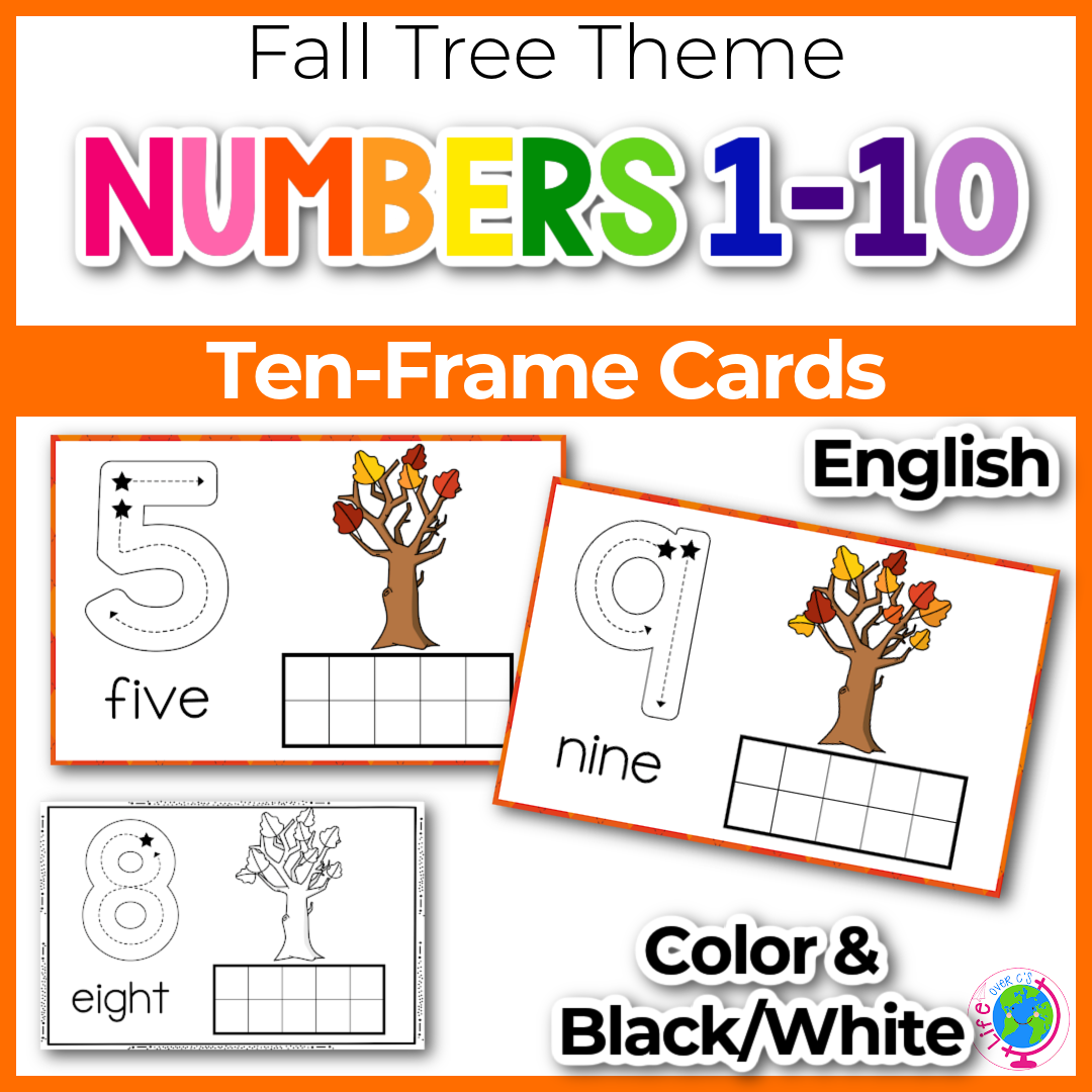ten-frame counting cards for numbers 1-10 with tracing numbers and number pictures with a fun fall trees theme