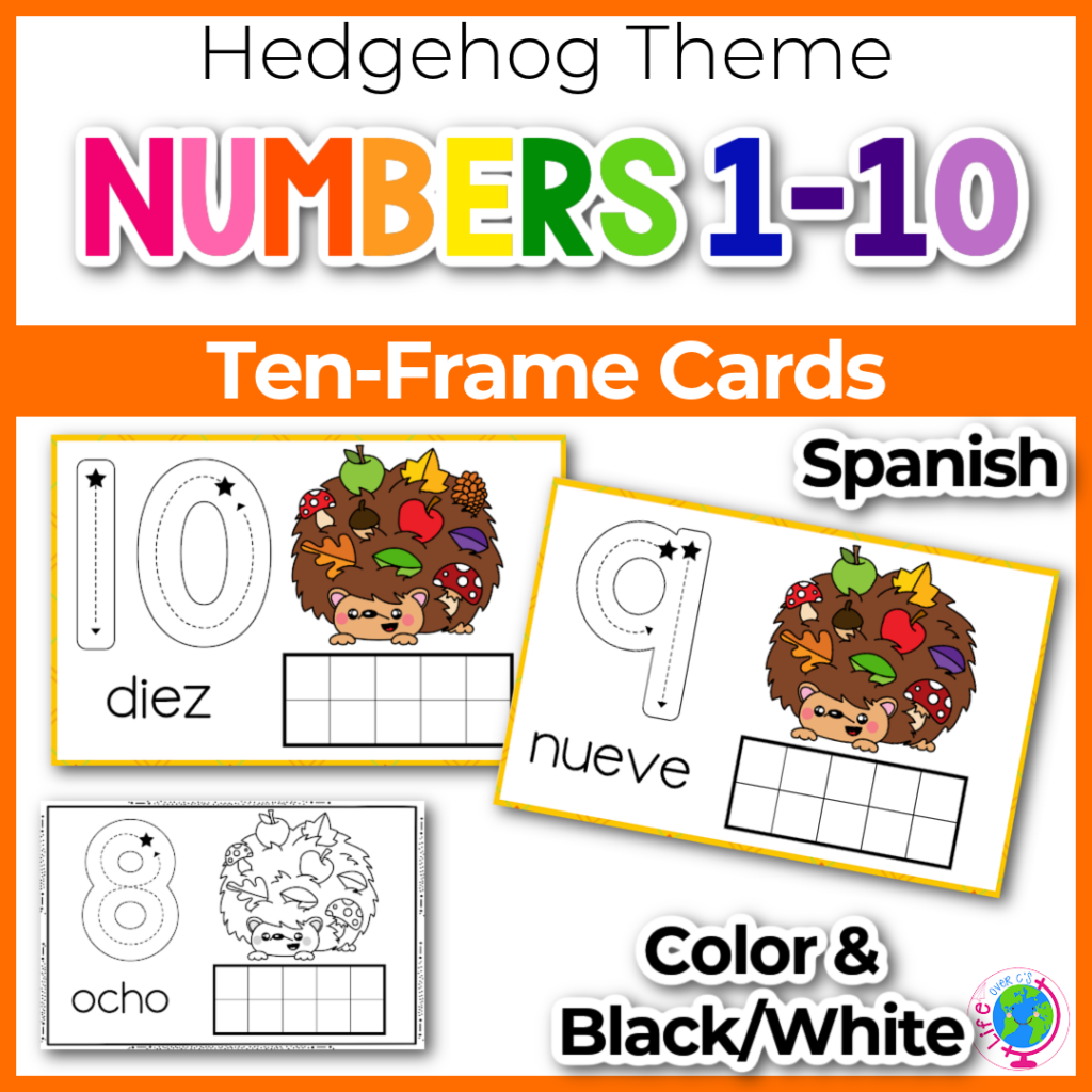 ten-frame counting cards for numbers 1-10 with tracing numbers and number pictures with a fun hedgehog theme in Spanish
