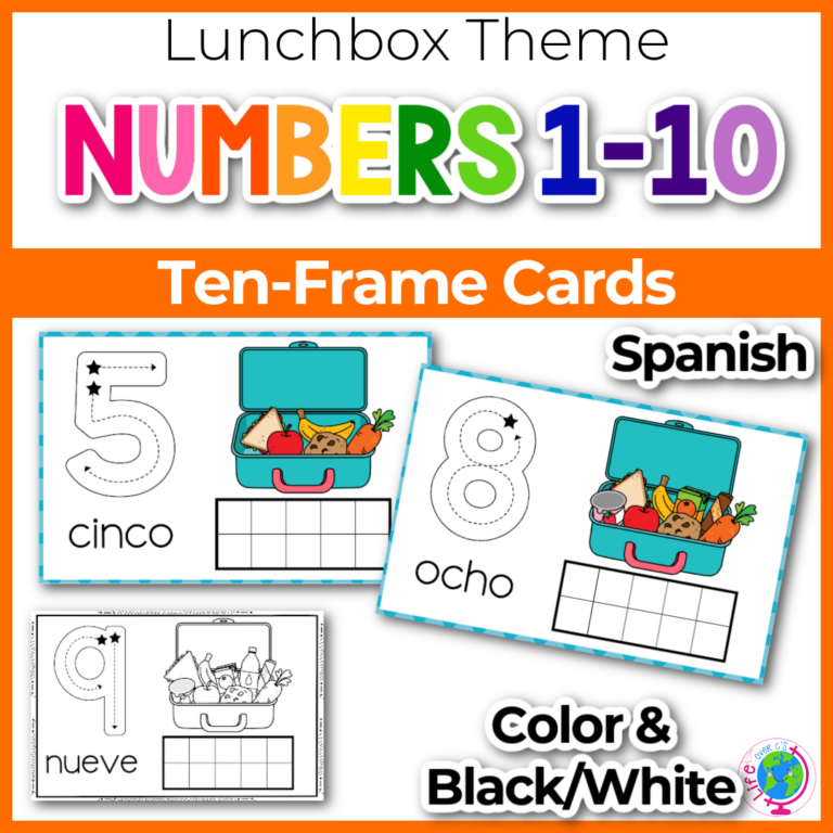 ten-frame counting cards for numbers 1-10 with tracing numbers and number pictures with a fun lunchbox theme in Spainsh