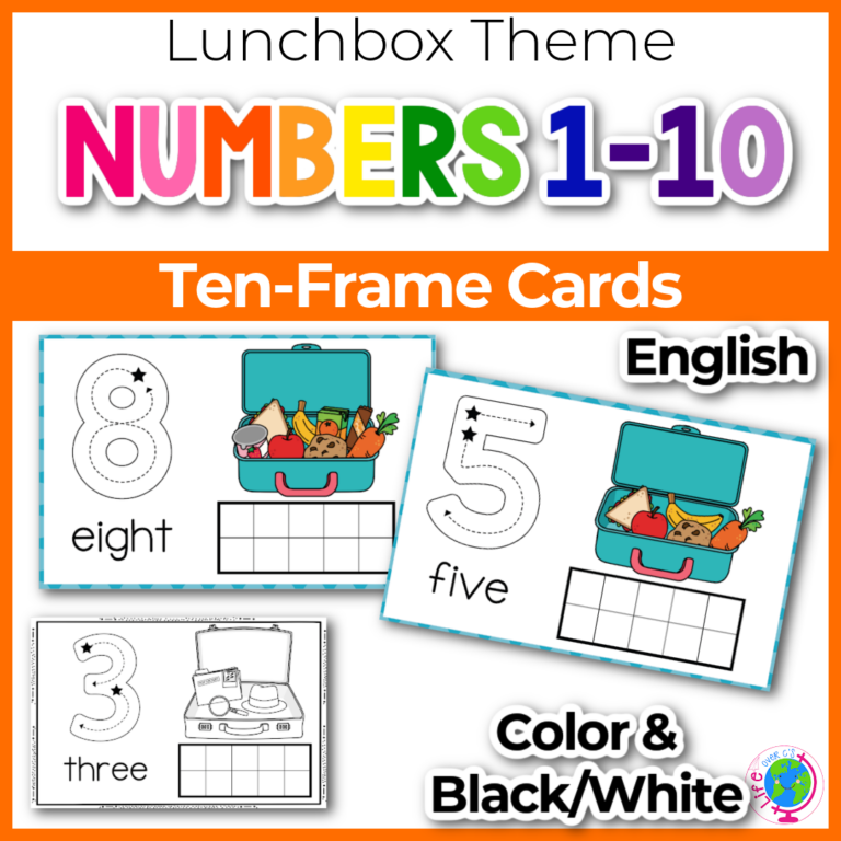 ten-frame counting cards for numbers 1-10 with tracing numbers and number pictures with a fun lunchbox theme