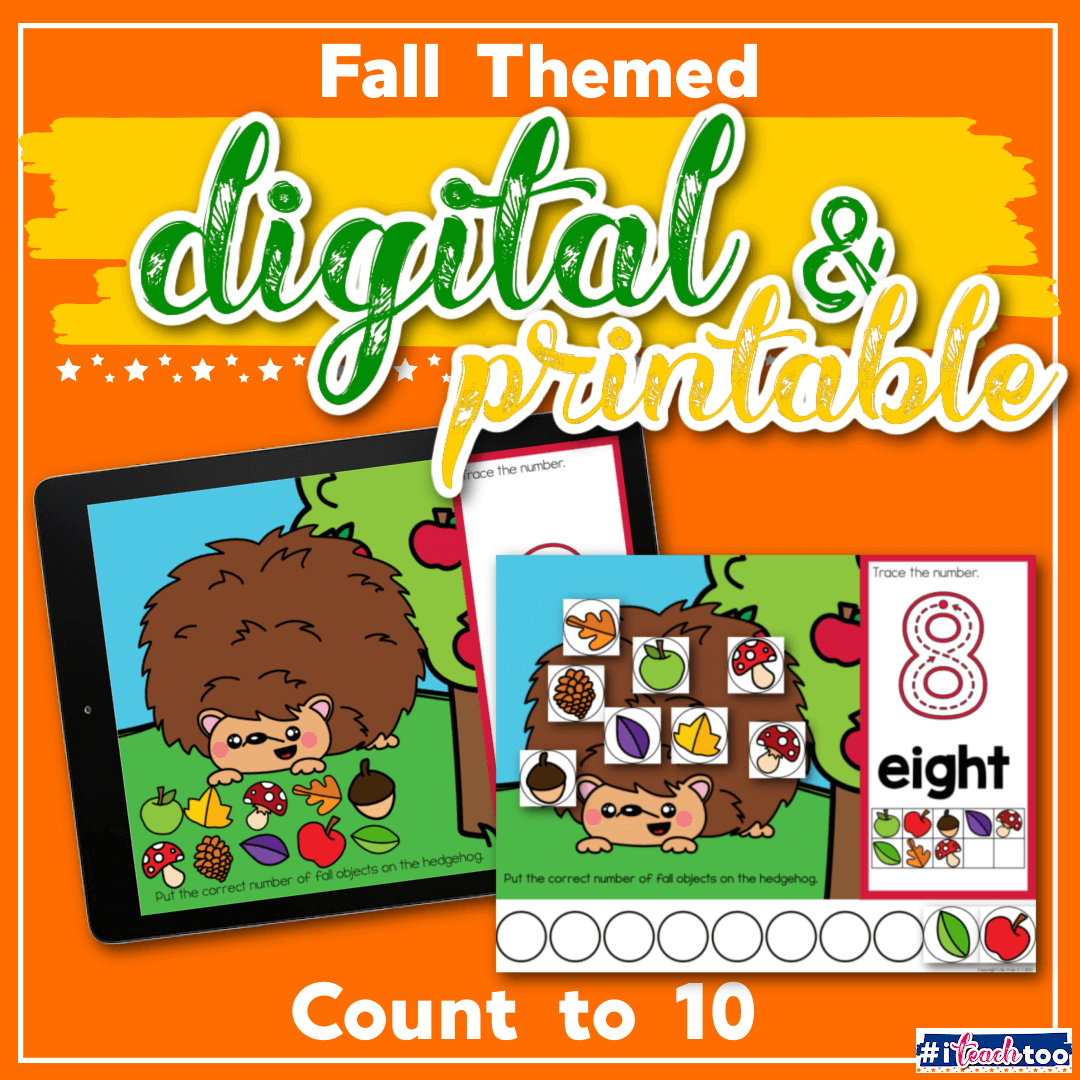 Fall hedgehog counting objects to 10 digital and printable activity