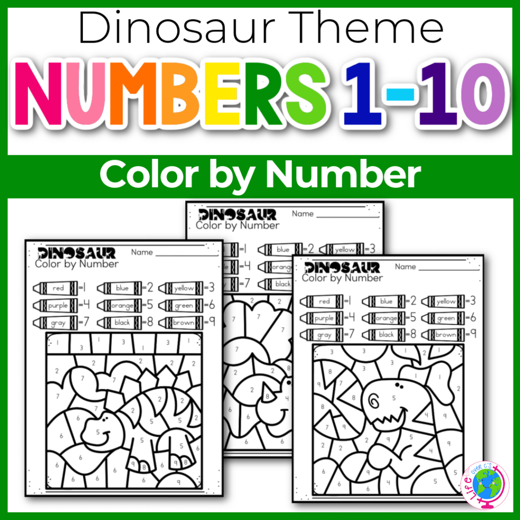 Color by Number Worksheets numbers 1-10 dinosaur theme