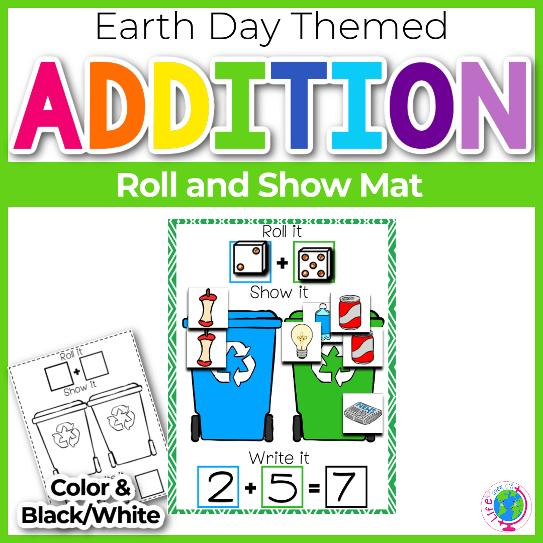 Addition roll and show math mat with Earth day theme