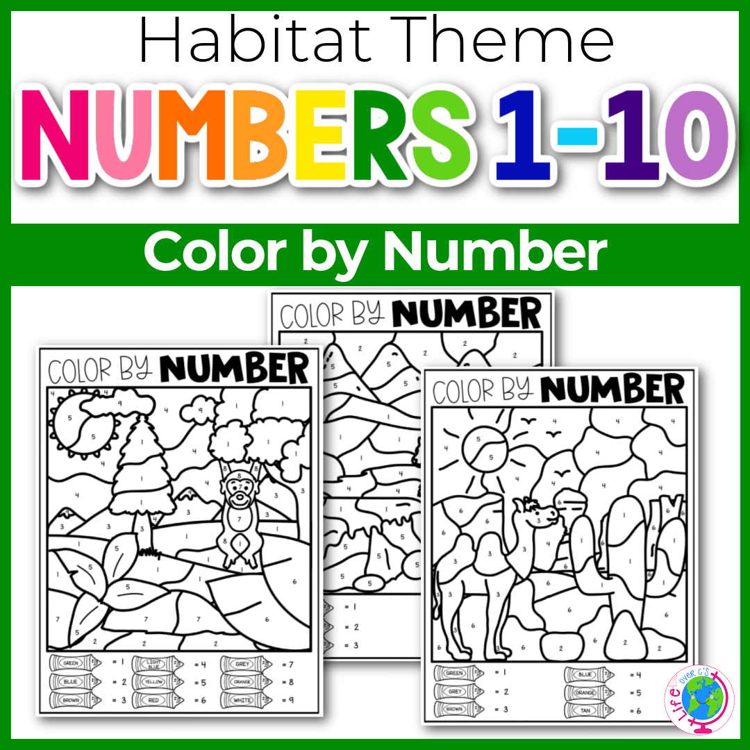 Color by number habitat worksheets numbers 1-9