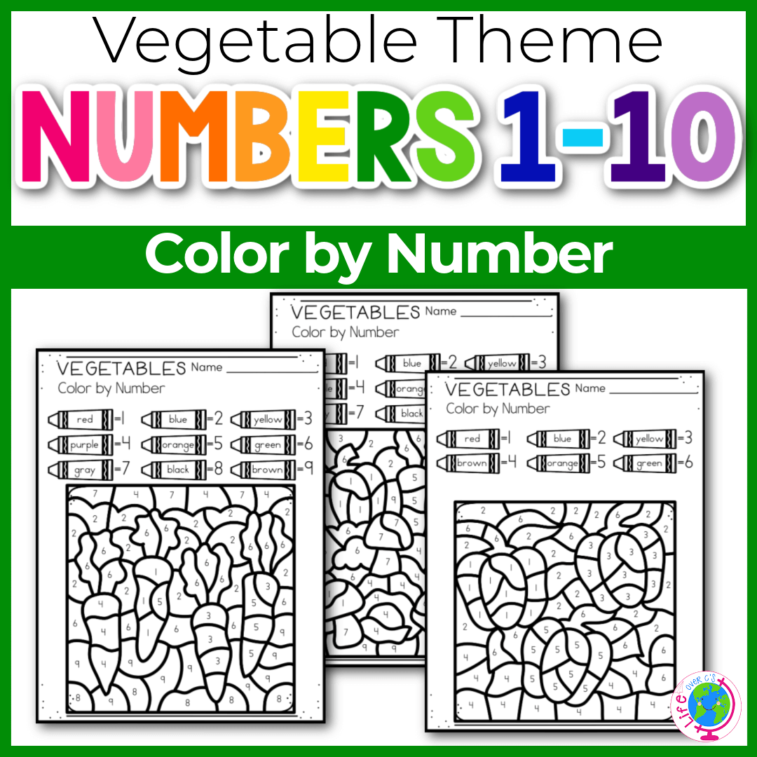 Vegetable theme color by number worksheets