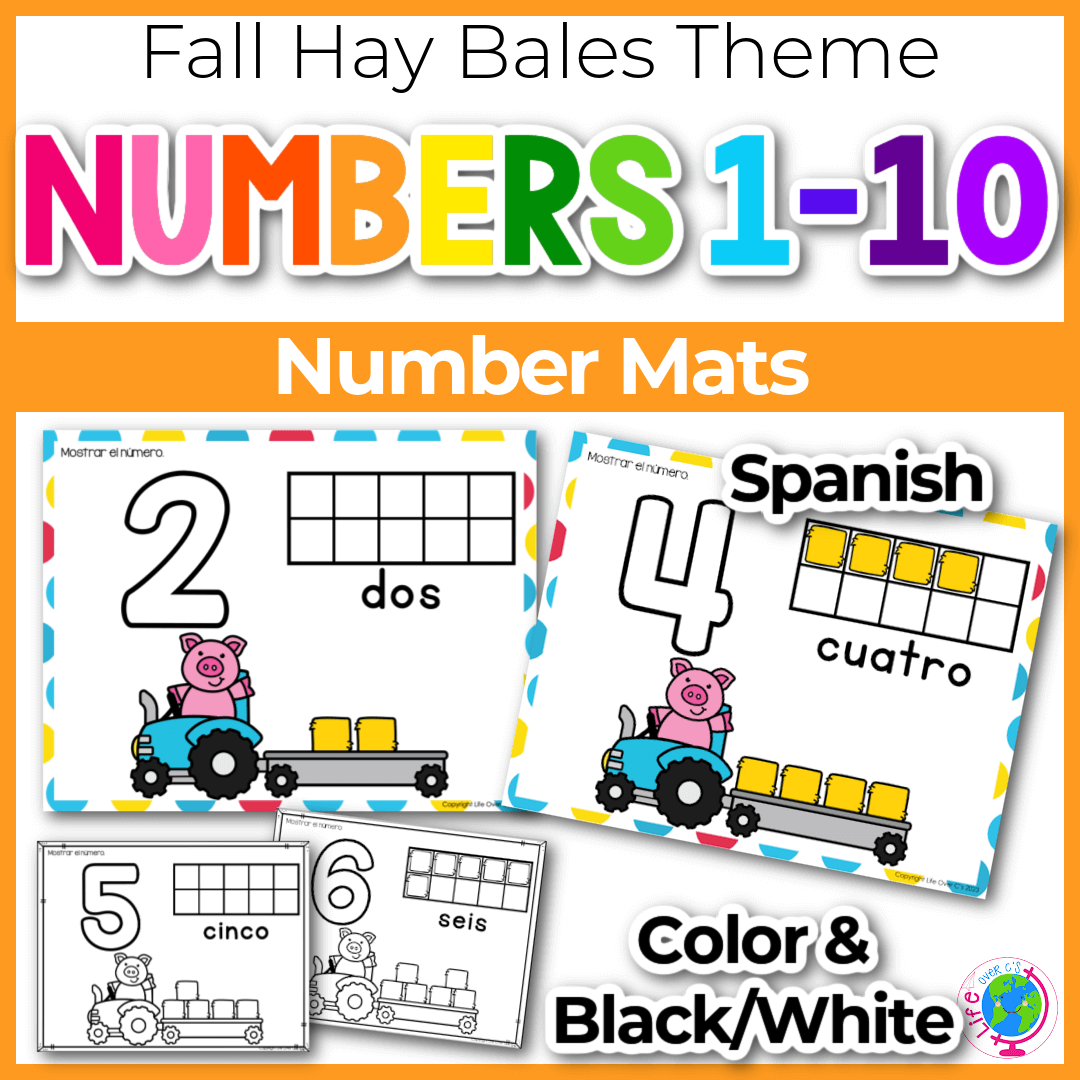 Number Counting Mats 1-10: Fall Hay Bales Theme Spanish